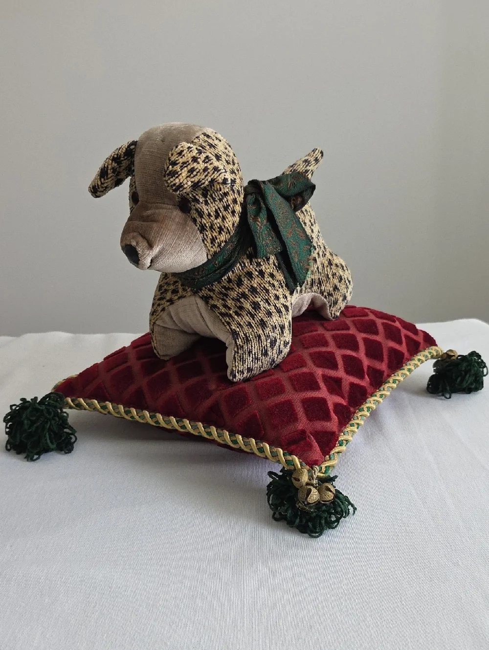 Handmade Plush Patterned Dog Accent Pillow Home Decor Festive Conversation Piece